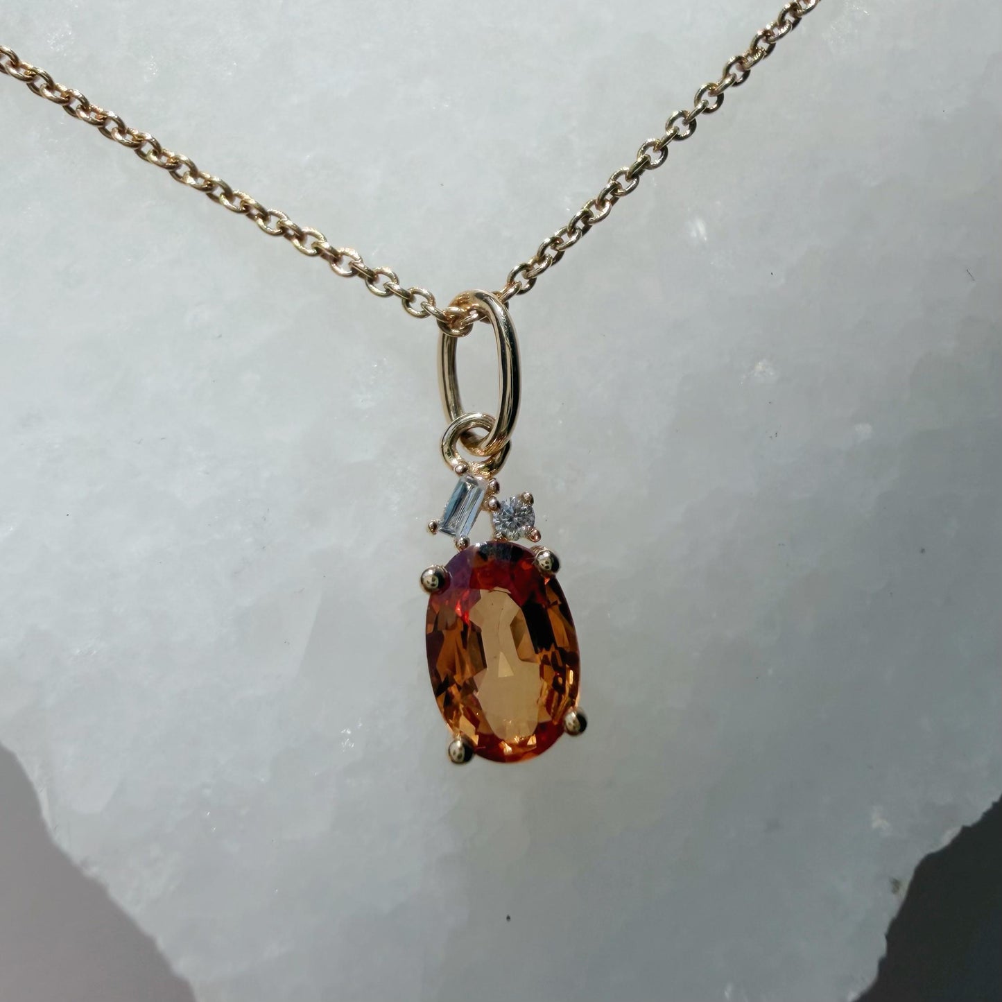 14K Solid Gold Diamond and Oval Orange Sapphire Pendant