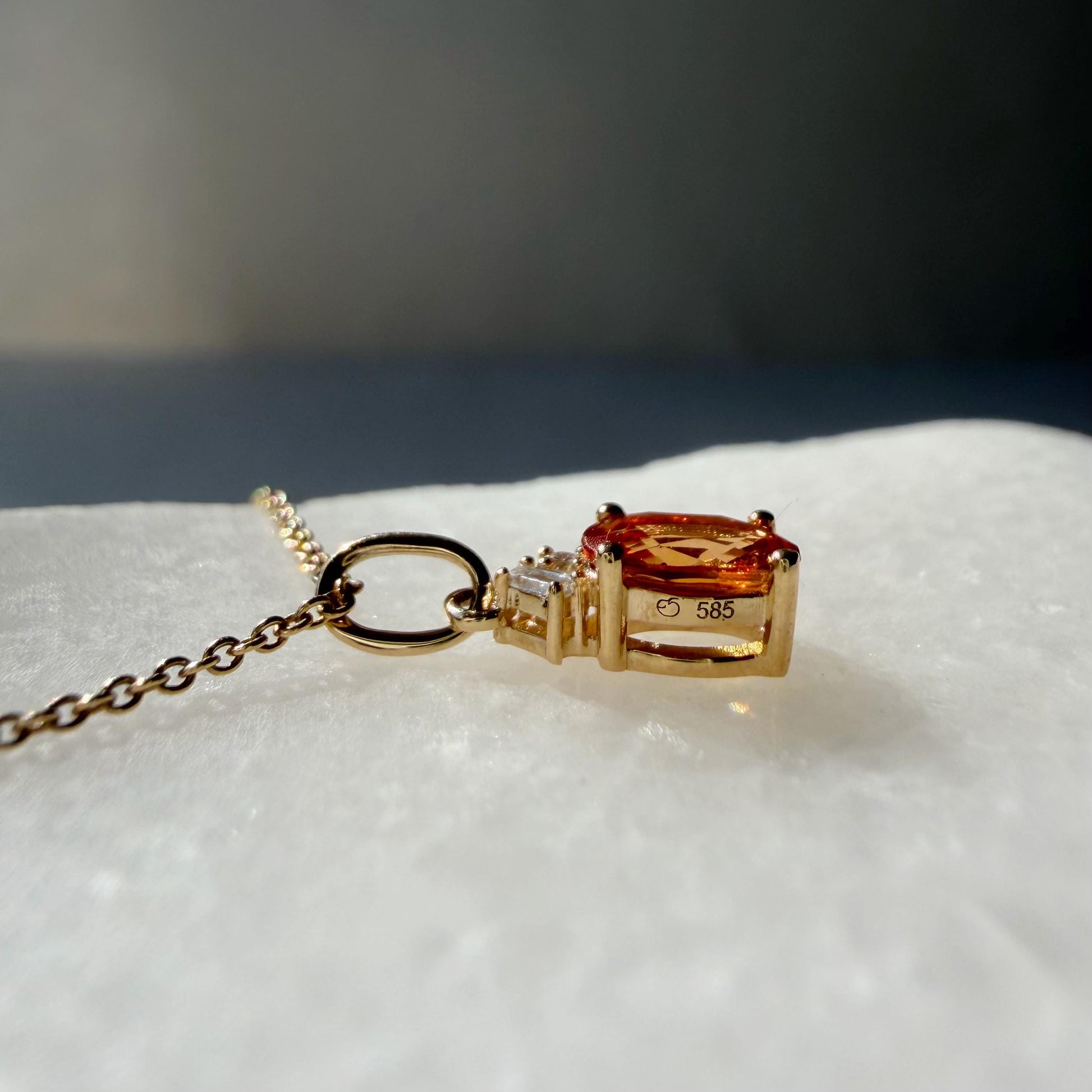 14K Solid Gold Diamond and Oval Orange Sapphire Pendant