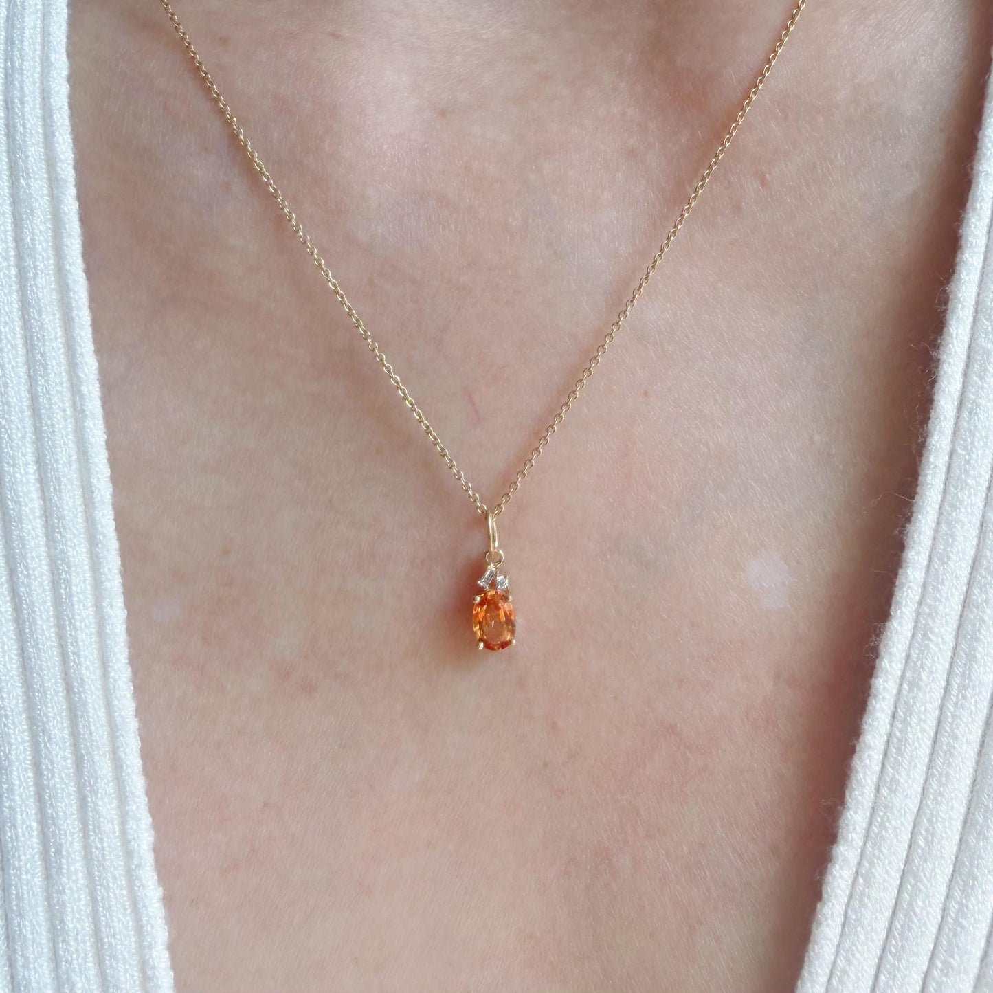 14K Solid Gold Diamond and Oval Orange Sapphire Pendant