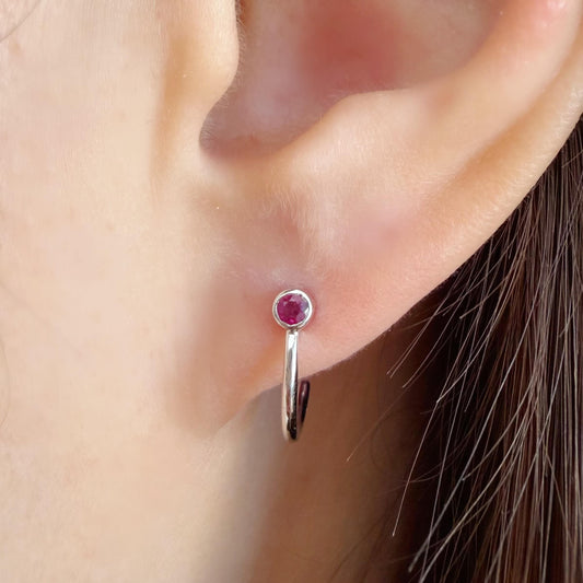 14K Solid White Gold 0.20 Carat Ruby Huggie Earrings