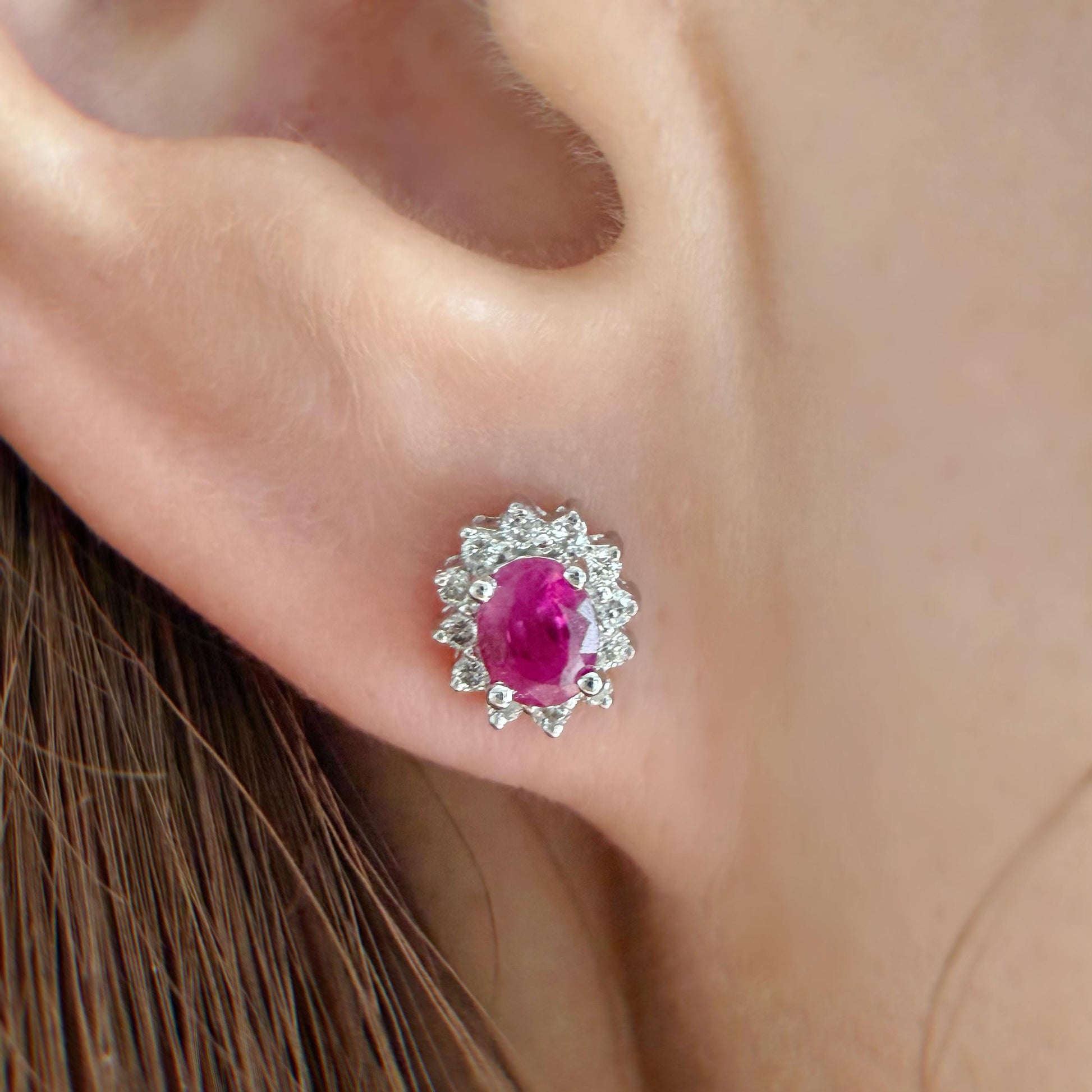 Natural Ruby & Diamond Stud Earrings 14K White Gold | Burmese Ruby Halo Studs | July Birthstone Gift | Fine Jewelry