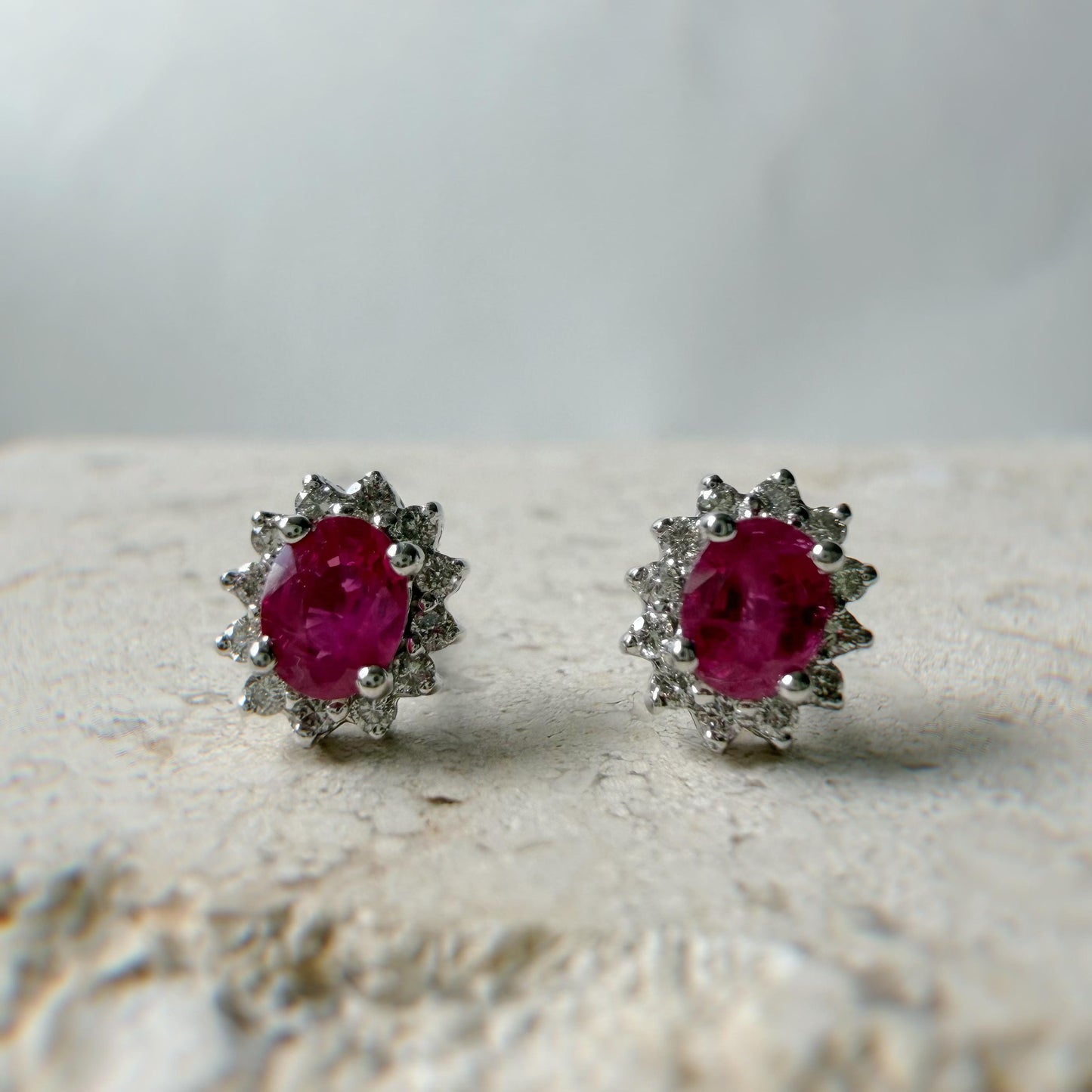 Natural Ruby & Diamond Stud Earrings 14K White Gold | Burmese Ruby Halo Studs | July Birthstone Gift | Fine Jewelry