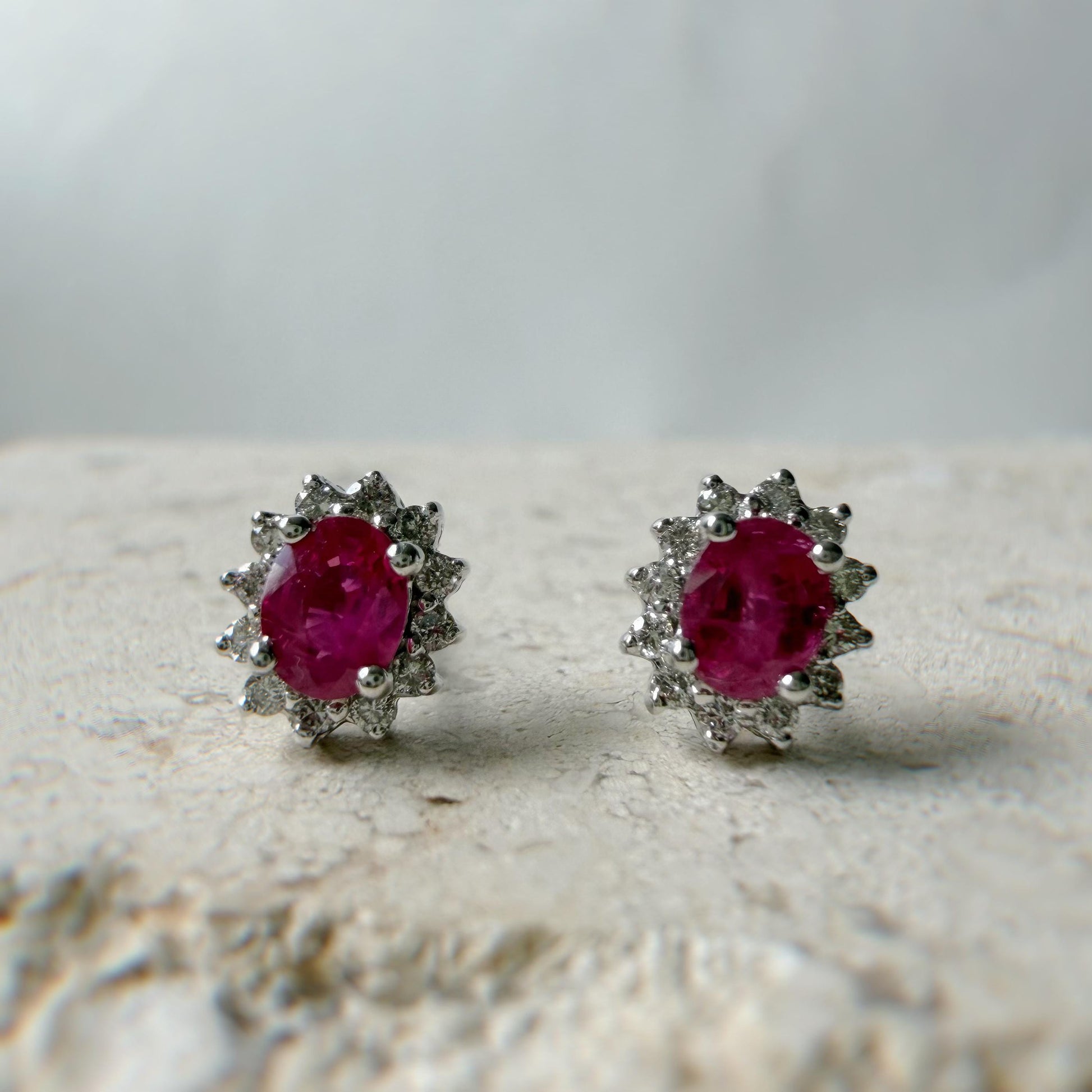 Natural Ruby & Diamond Stud Earrings 14K White Gold | Burmese Ruby Halo Studs | July Birthstone Gift | Fine Jewelry