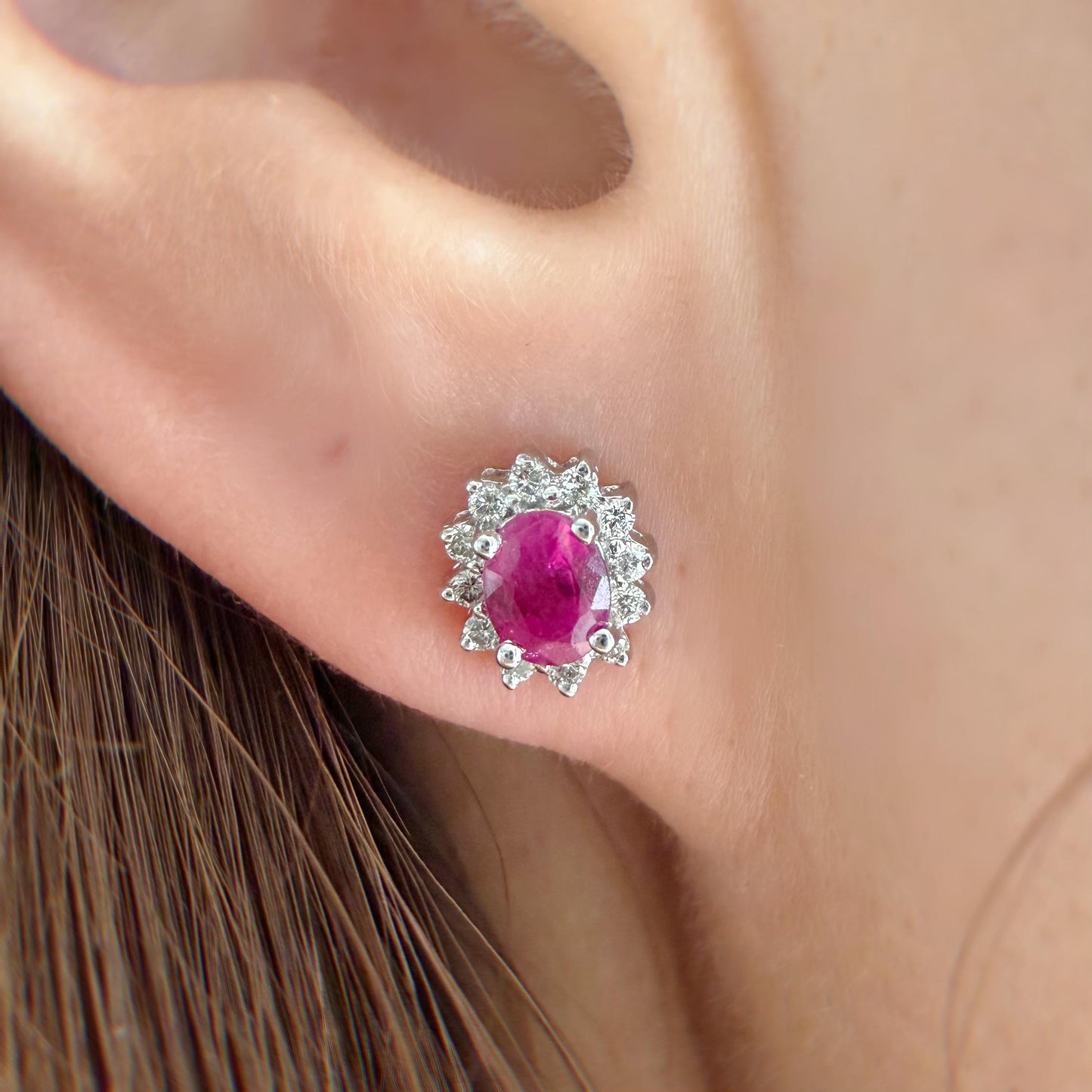 Natural Ruby & Diamond Stud Earrings 14K White Gold | Burmese Ruby Halo Studs | July Birthstone Gift | Fine Jewelry