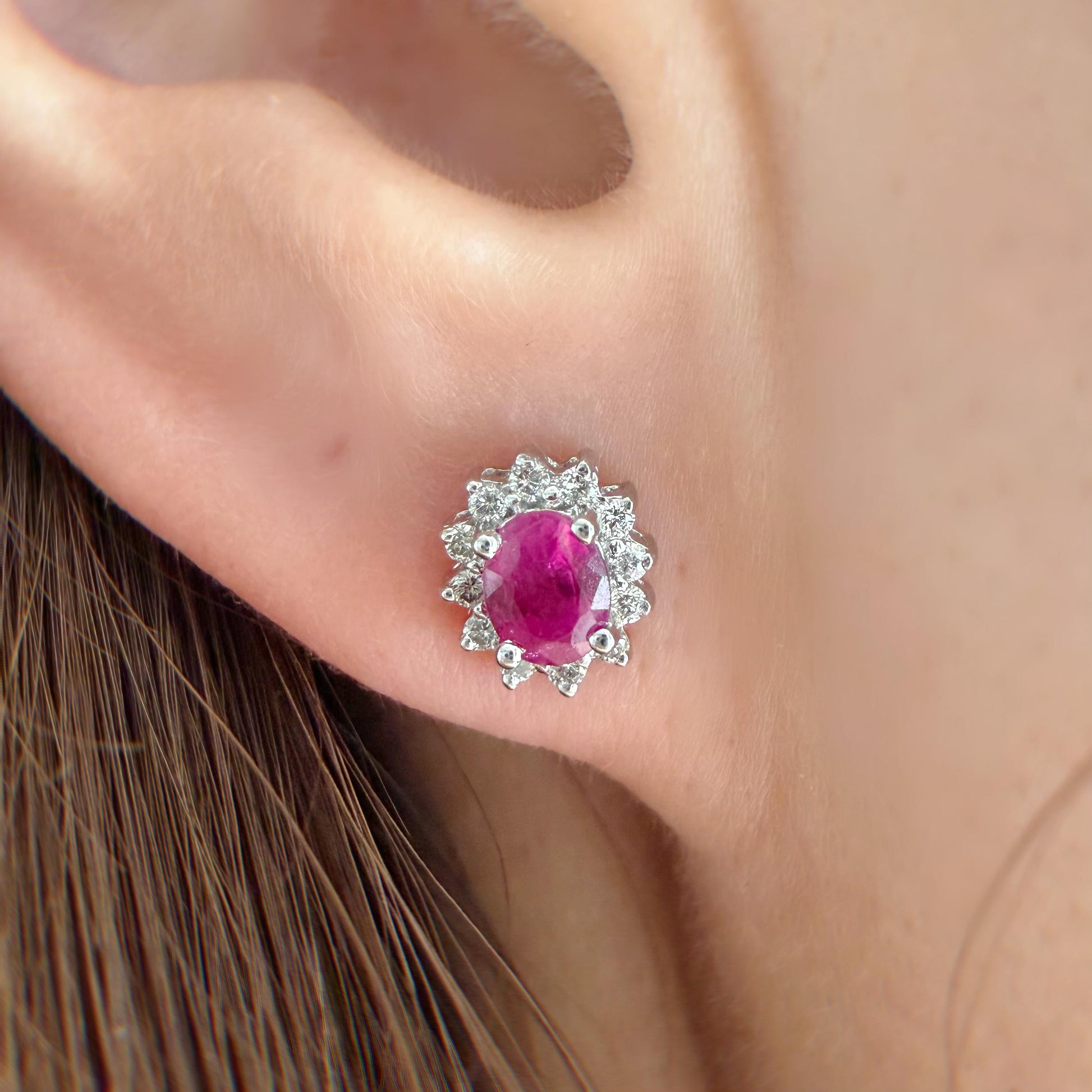 Natural Ruby & Diamond Stud Earrings 14K White Gold | Burmese Ruby Halo Studs | July Birthstone Gift | Fine Jewelry