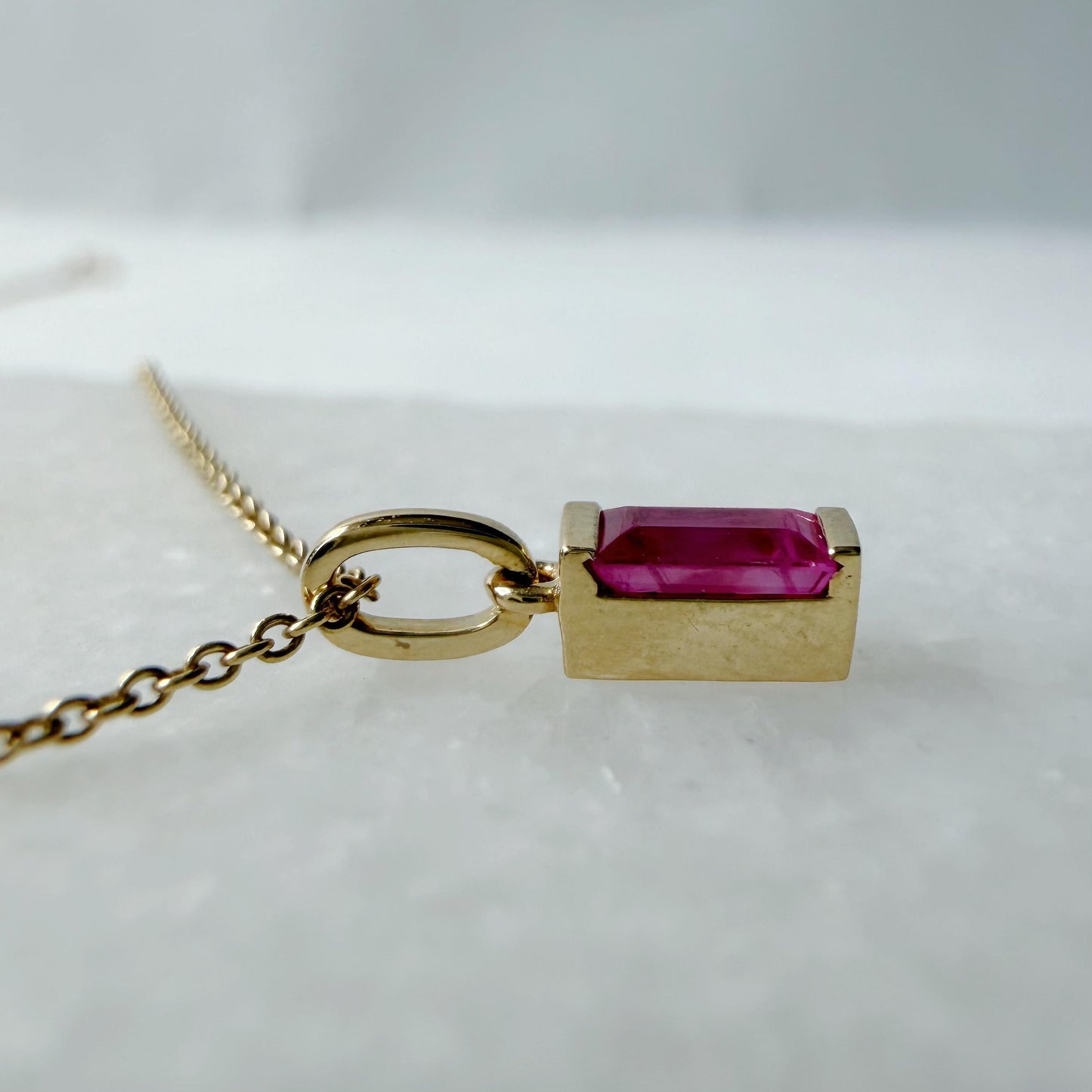 14K Gold Ruby Pendant Necklace, Genuine Ruby Baguette Necklace, July Birthstone Jewelry, Dainty Gold Necklace, Minimalist Gemstone Pendant