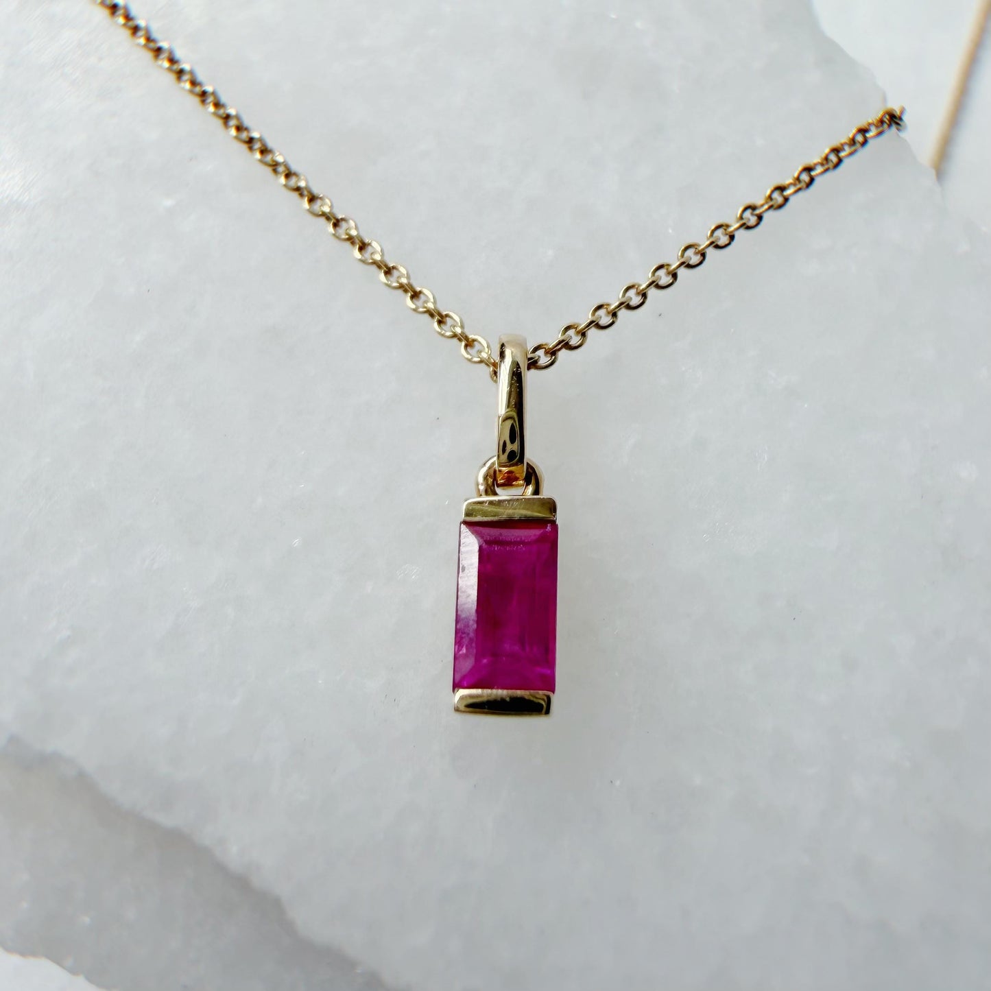 14K Gold Ruby Pendant Necklace, Genuine Ruby Baguette Necklace, July Birthstone Jewelry, Dainty Gold Necklace, Minimalist Gemstone Pendant