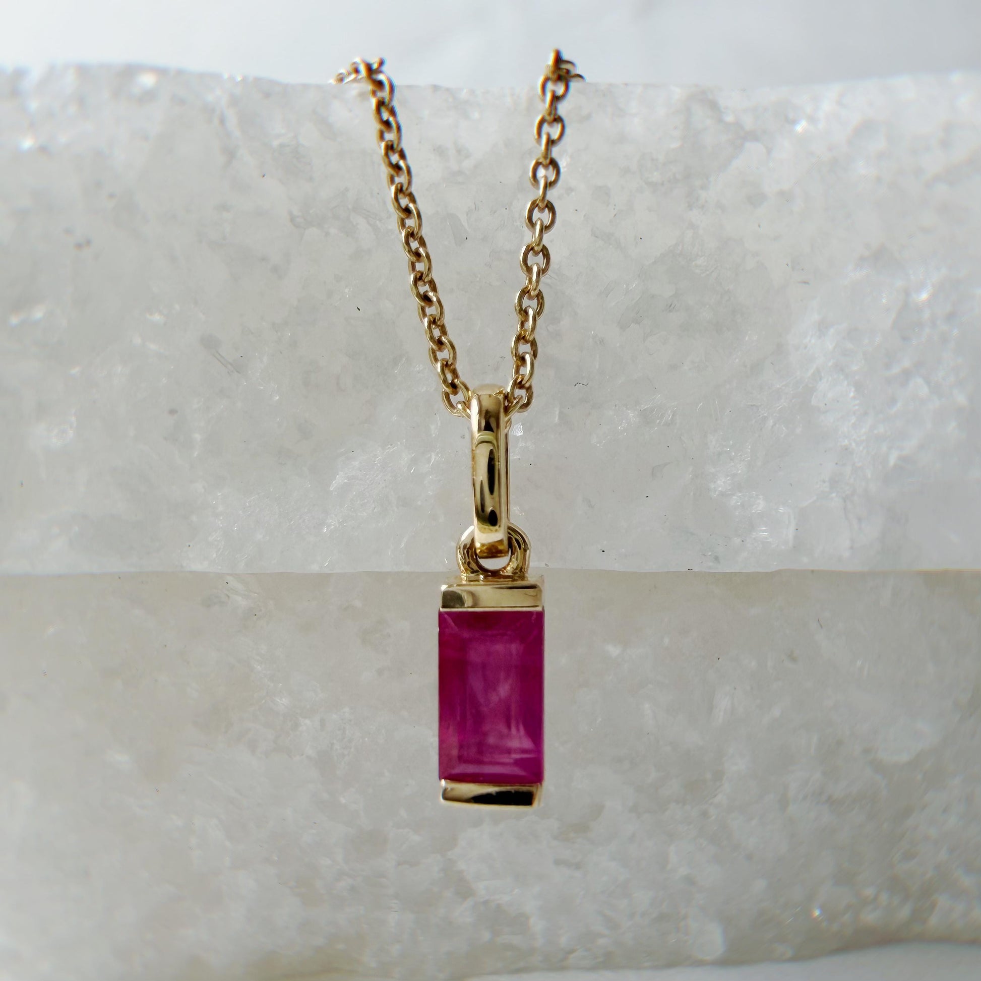 14K Gold Ruby Pendant Necklace, Genuine Ruby Baguette Necklace, July Birthstone Jewelry, Dainty Gold Necklace, Minimalist Gemstone Pendant