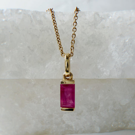 14K Gold Ruby Pendant Necklace, Genuine Ruby Baguette Necklace, July Birthstone Jewelry, Dainty Gold Necklace, Minimalist Gemstone Pendant