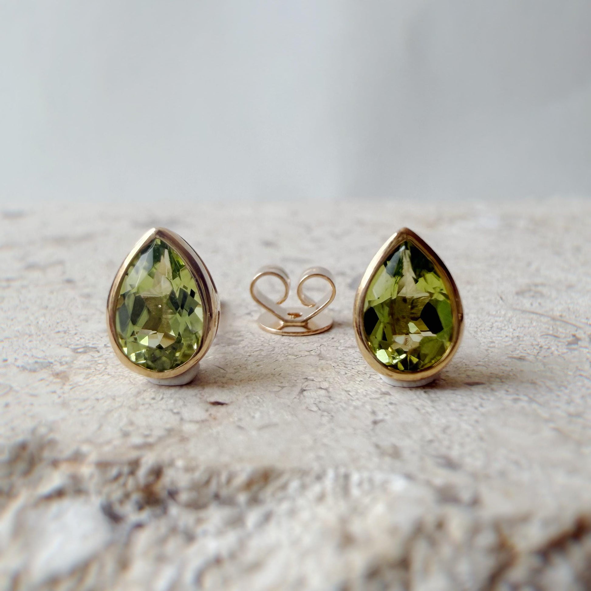 14K Solid Gold Genuine Teardrop Peridot Bezel Studs/Pair