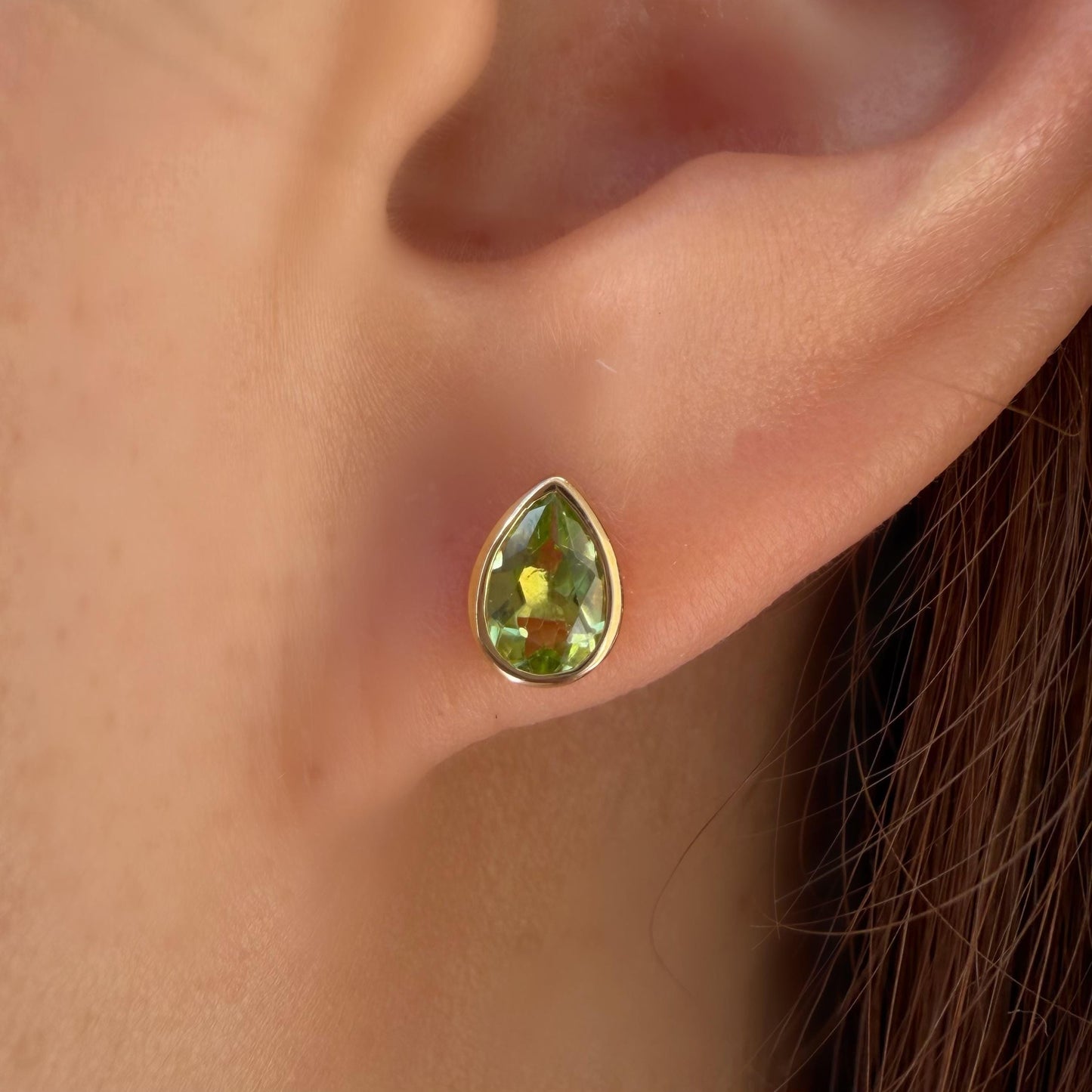14K Solid Gold Genuine Teardrop Peridot Bezel Studs/Pair