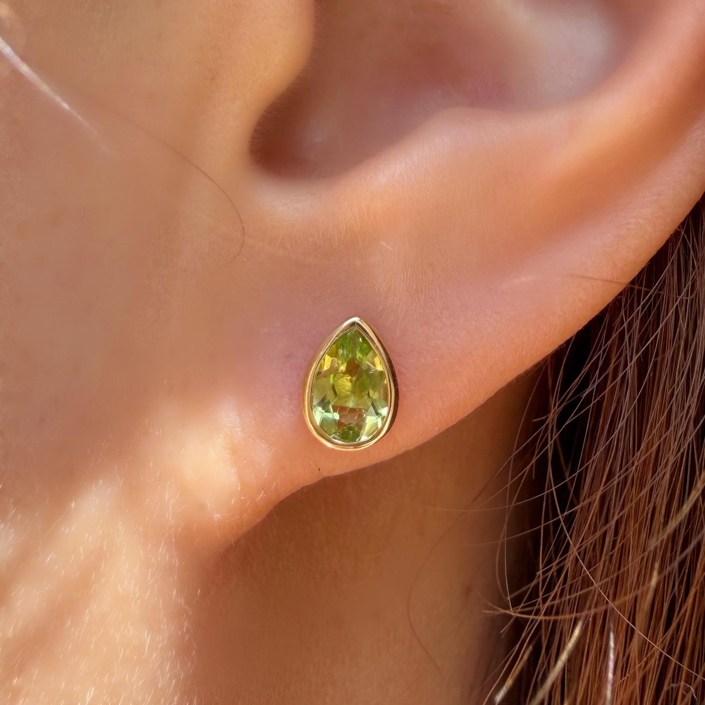 14K Solid Gold Genuine Teardrop Peridot Bezel Studs/Pair