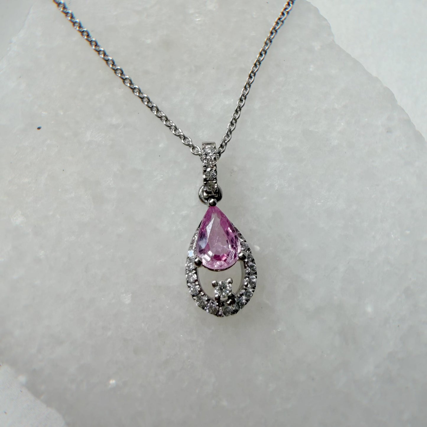 18K Solid Gold Genuine Diamond and Teardrop/Pear Pink Sapphire Pendant