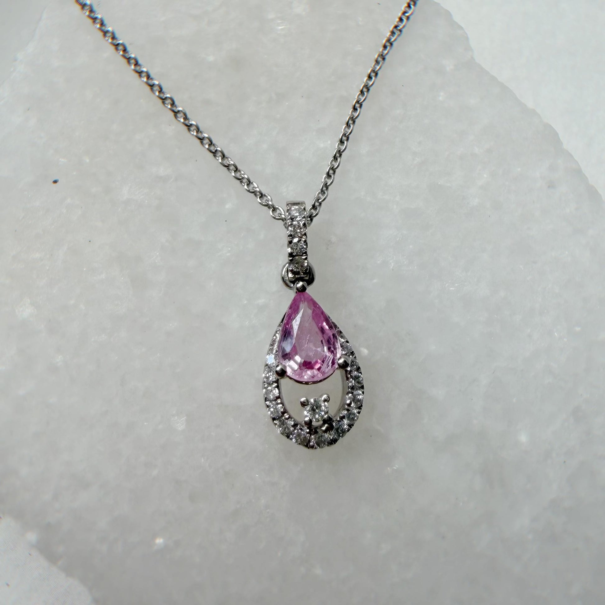 18K Solid Gold Genuine Diamond and Teardrop/Pear Pink Sapphire Pendant