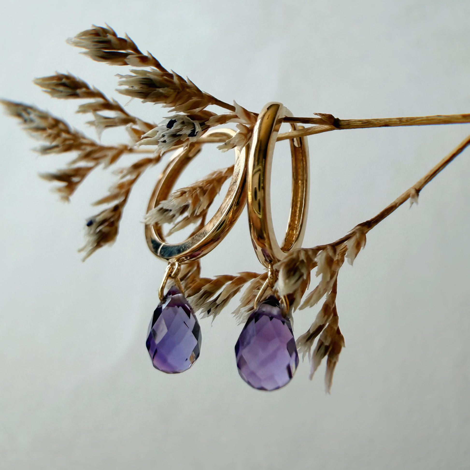 14K Solid Gold Amethyst Briolette Dangle Hoops