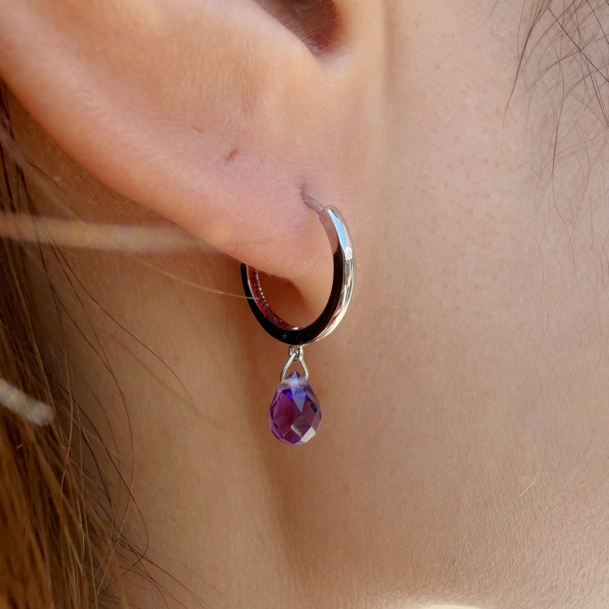 14K Solid Gold Amethyst Briolette Dangle Hoops