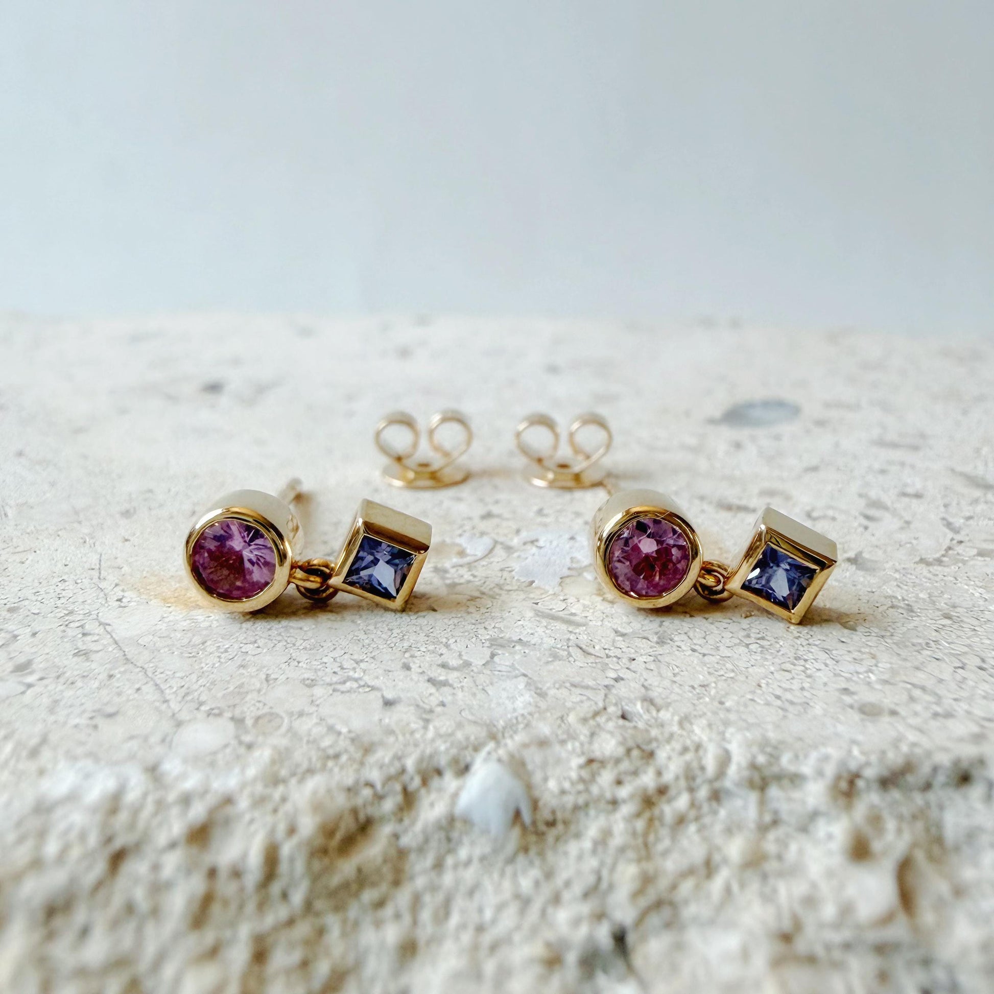 14K Solid Gold Genuine Pink & Lavender Sapphire Bezel Dangle Earrings