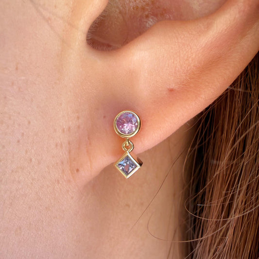 14K Solid Gold Genuine Pink & Lavender Sapphire Bezel Dangle Earrings