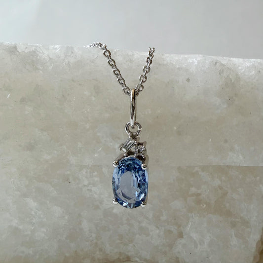 14K Solid White Gold Genuine Ceylon Sapphire Necklace | Oval Sapphire Diamond Pendant | September Birthstone Jewelry