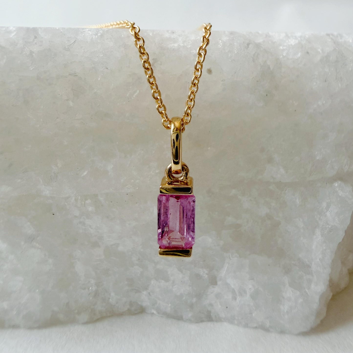 14K Solid Gold Genuine Pink Sapphire Baguette Necklace