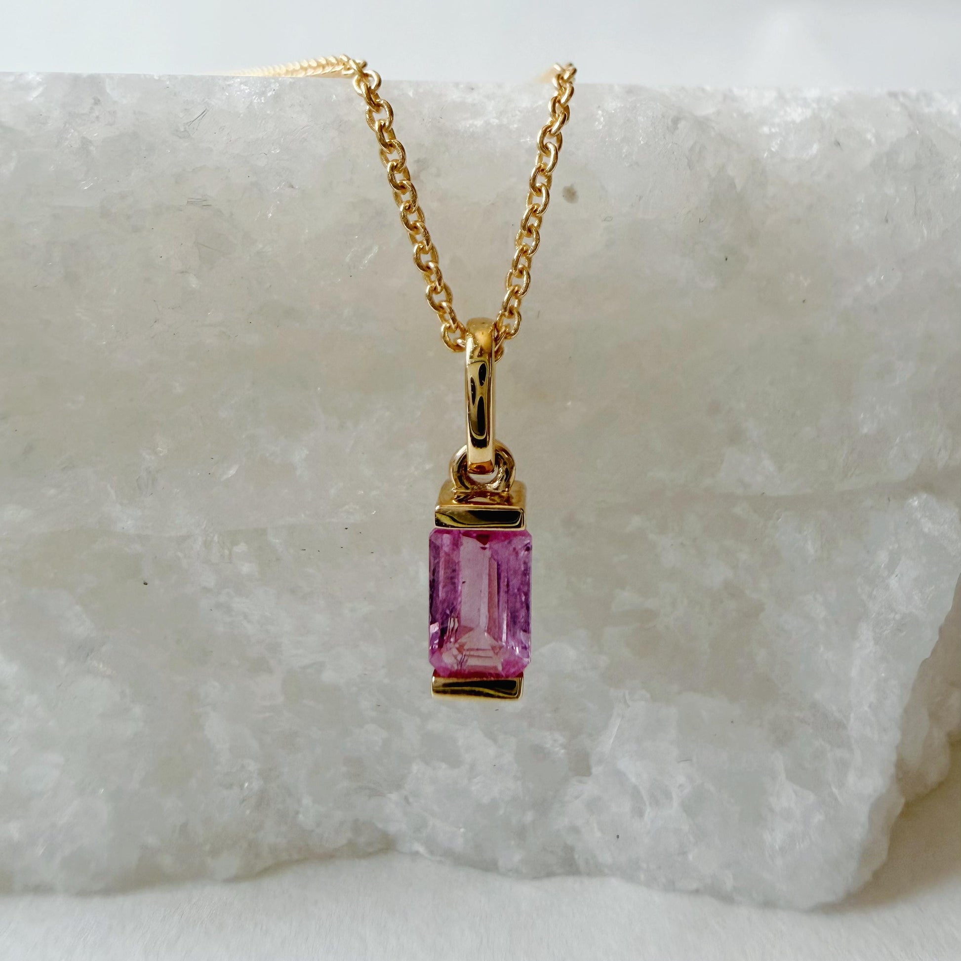 14K Solid Gold Genuine Pink Sapphire Baguette Necklace