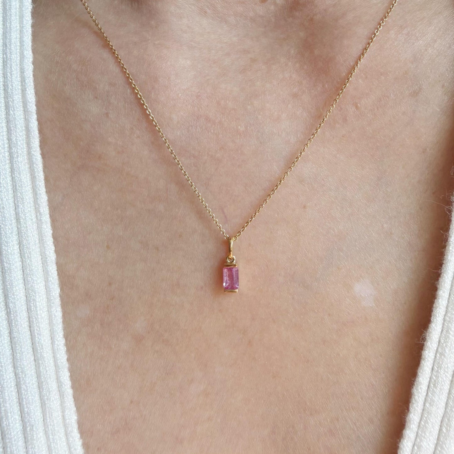 14K Solid Gold Genuine Pink Sapphire Baguette Necklace