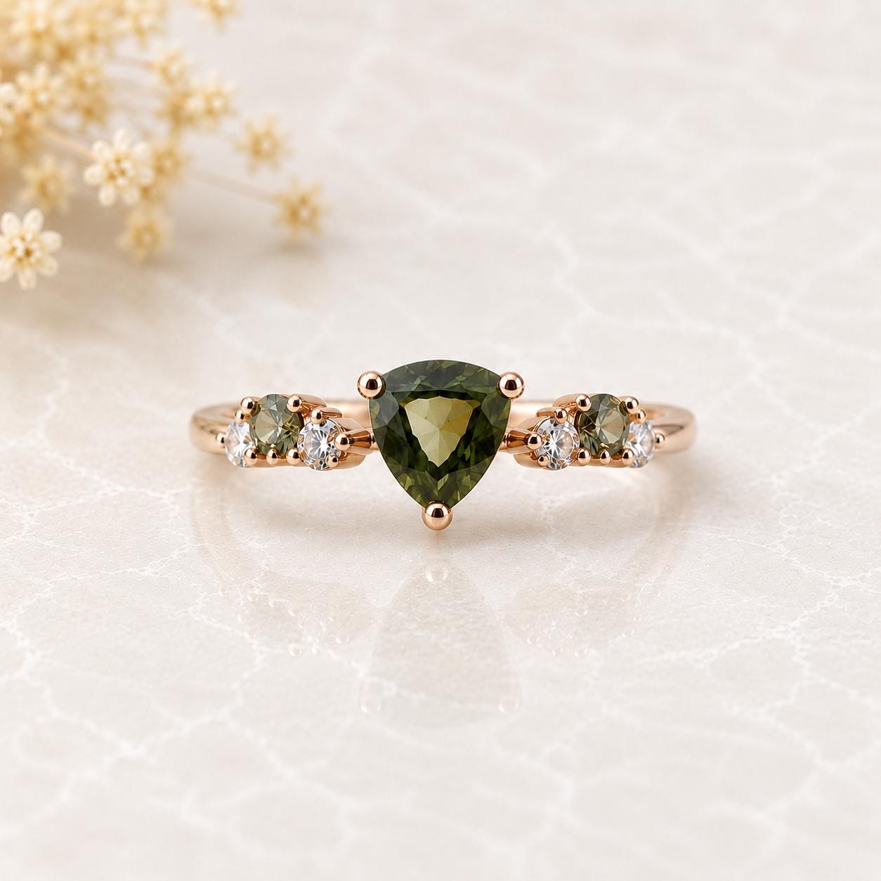 18K Solid Rose Gold Natural Green Sapphire Diamond Ring | Trillion Cut Green Sapphire | Alternative Engagement Ring | Fine Jewelry