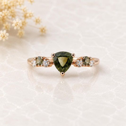 18K Solid Rose Gold Natural Green Sapphire Diamond Ring | Trillion Cut Green Sapphire | Alternative Engagement Ring | Fine Jewelry