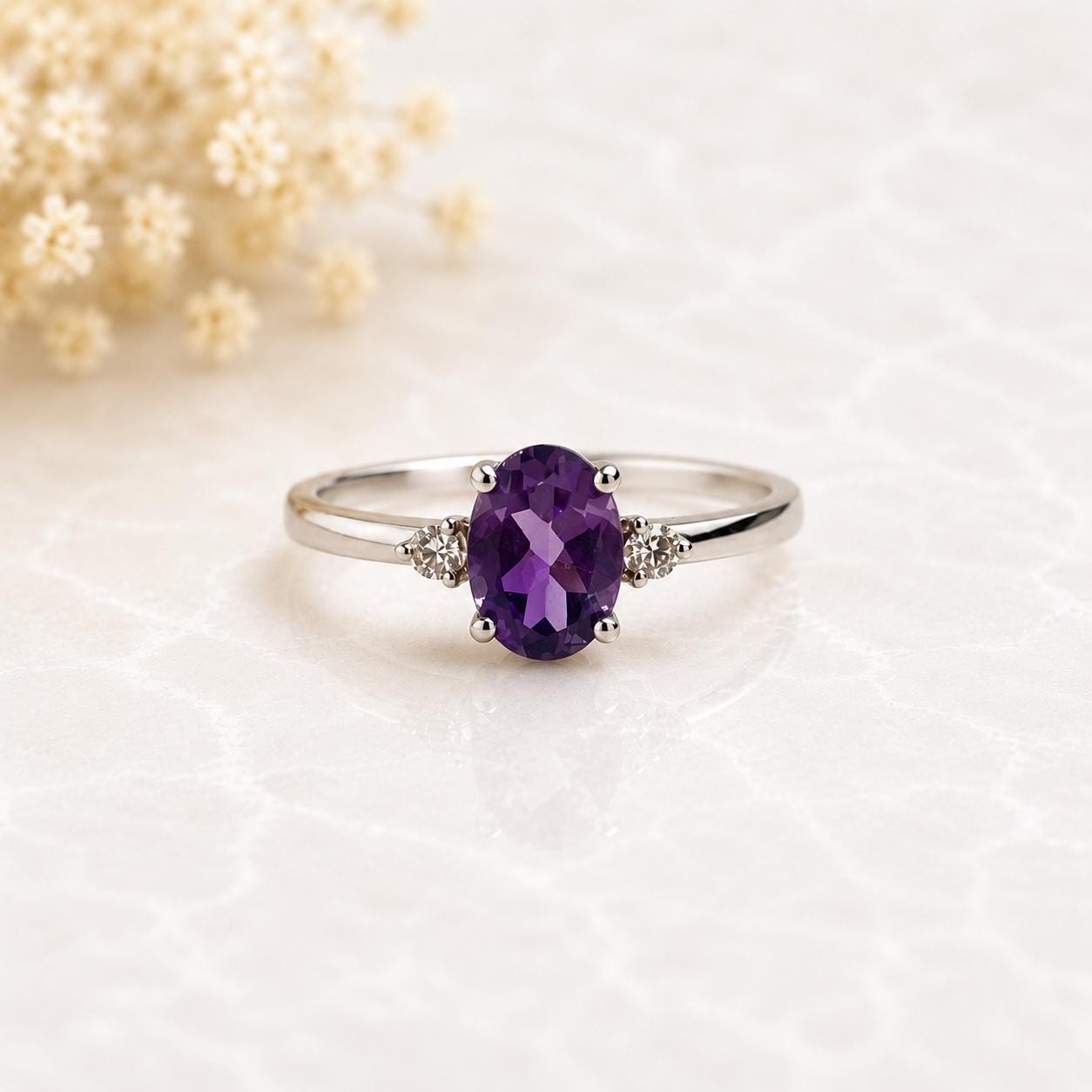 14K Solid White Gold Natural Amethyst Diamond Ring | Genuine Amethyst Engagement Ring | Oval February Birthstone Promise Ring