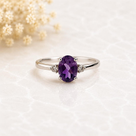 14K Solid White Gold Natural Amethyst Diamond Ring | Genuine Amethyst Engagement Ring | Oval February Birthstone Promise Ring