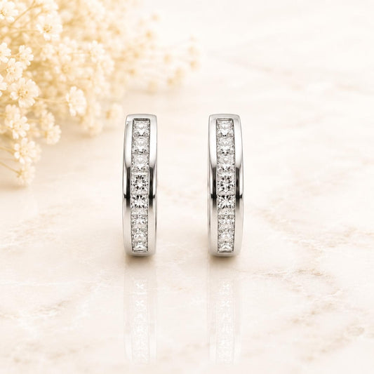14K Solid White Gold Diamond Hoop Stud Earrings | Natural Diamond Half Hoop Earrings | Dainty Everyday Diamond Earrings | Gift for Her