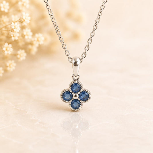 14K Solid Gold Natural Sapphire Clover Necklace | 0.31 CT Genuine Sapphire Necklace Charm | September Birthstone Gift