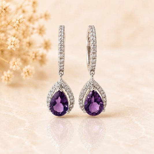 14K White Gold 1.30 Carat Natural Teardrop Amethyst Earrings | Diamond Halo Drop Earrings | Genuine Amethyst Dangle Earrings