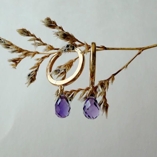 14K Solid Gold Amethyst Briolette Dangle Hoops