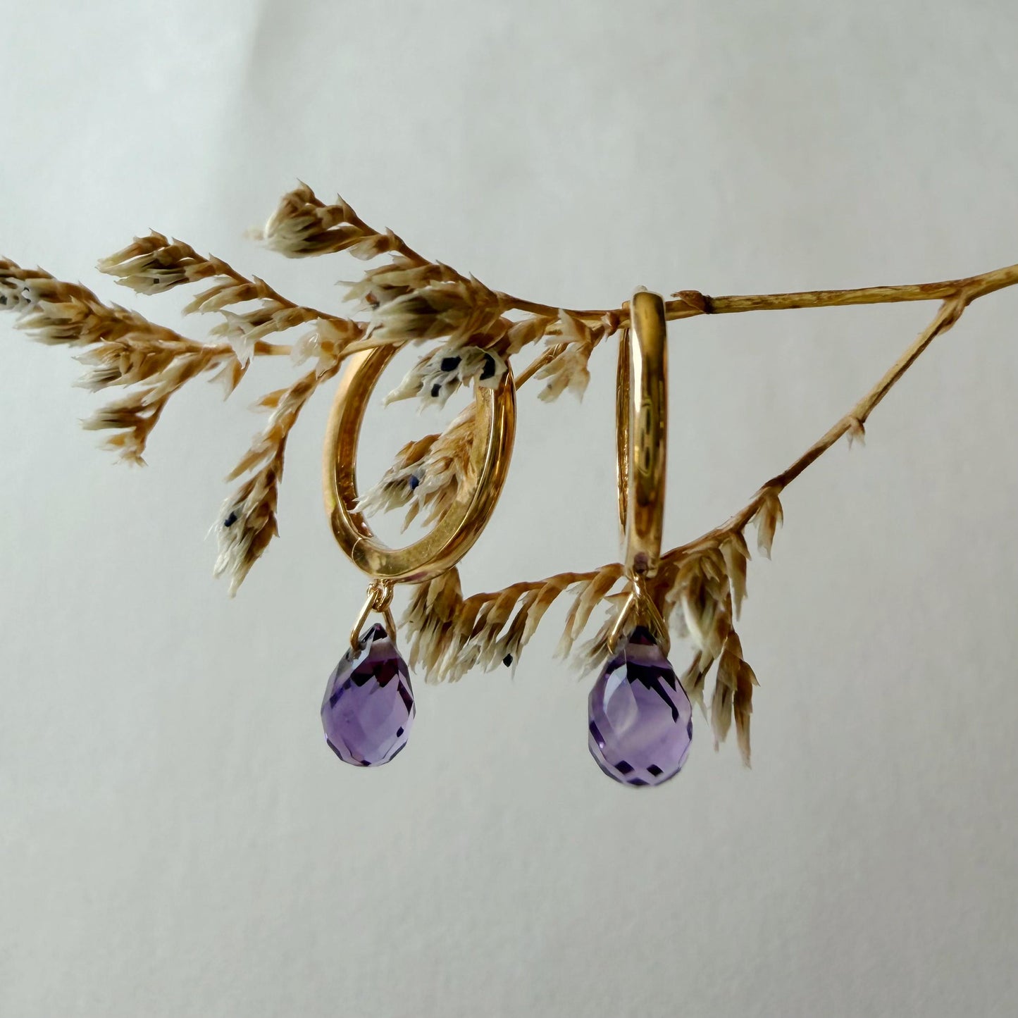 14K Solid Gold Amethyst Briolette Dangle Hoops