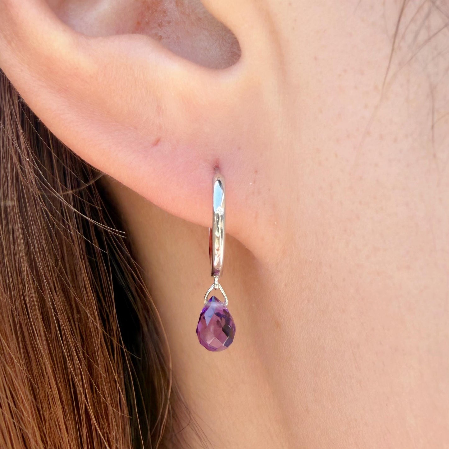 14K Solid Gold Amethyst Briolette Dangle Hoops