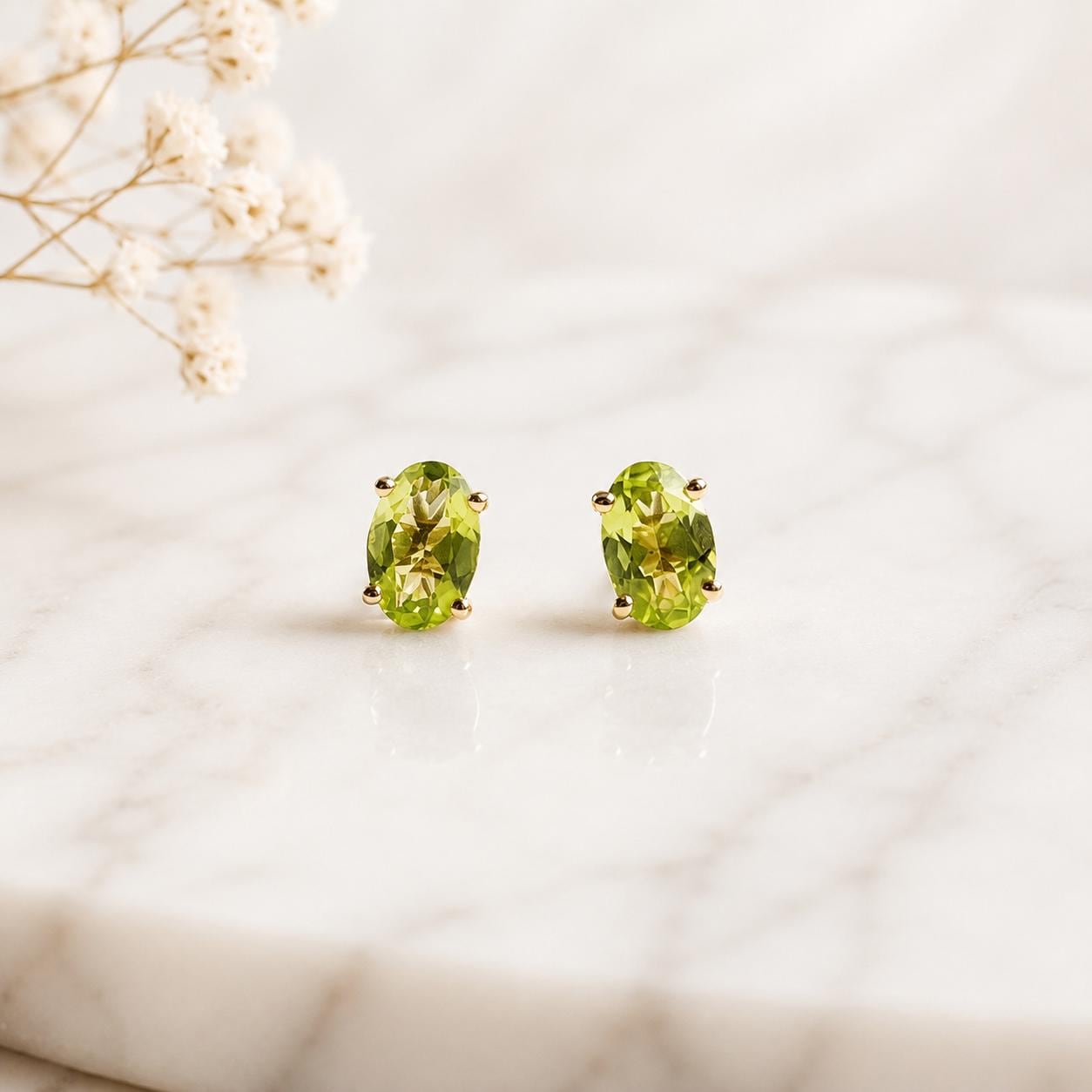 14K Solid Gold Natural Peridot Stud Earrings | Genuine Peridot Earrings | August Birthstone | Oval Gold Studs | Fine Jewelry Gift for Her