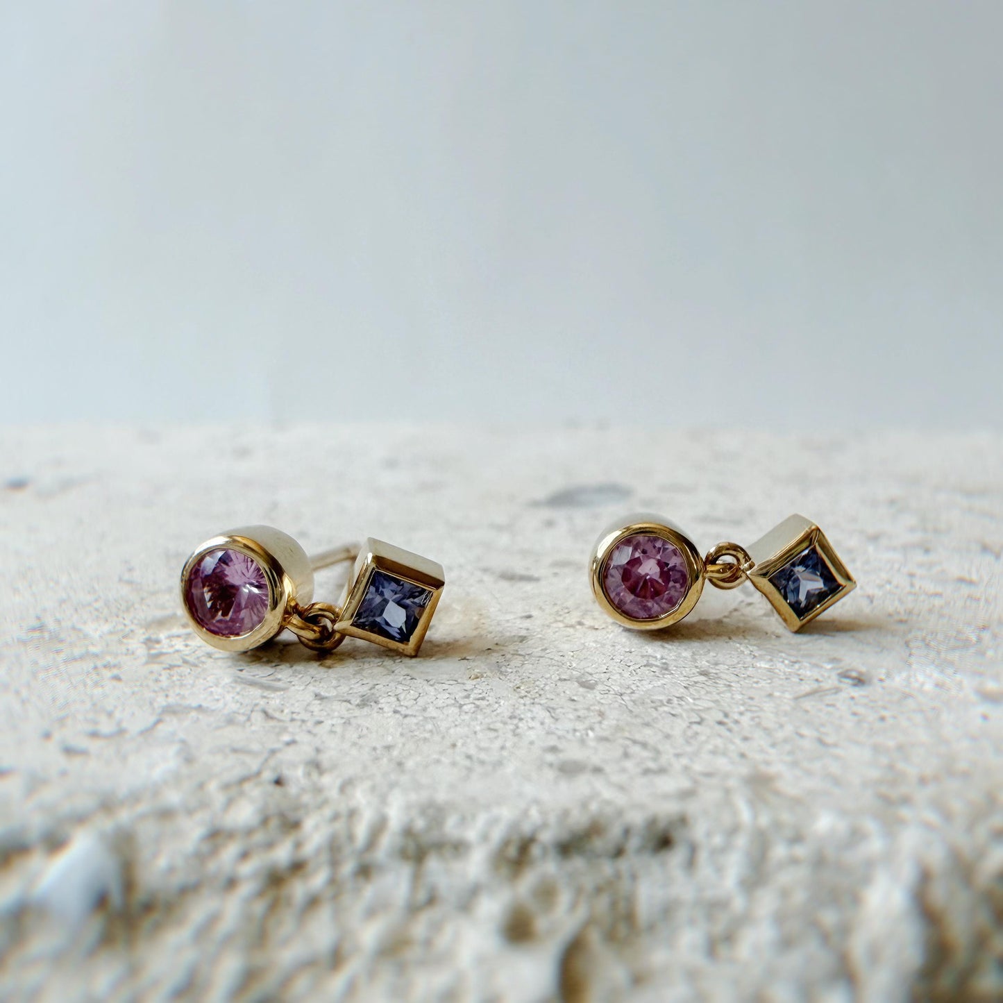 14K Solid Gold Genuine Pink & Lavender Sapphire Bezel Dangle Earrings