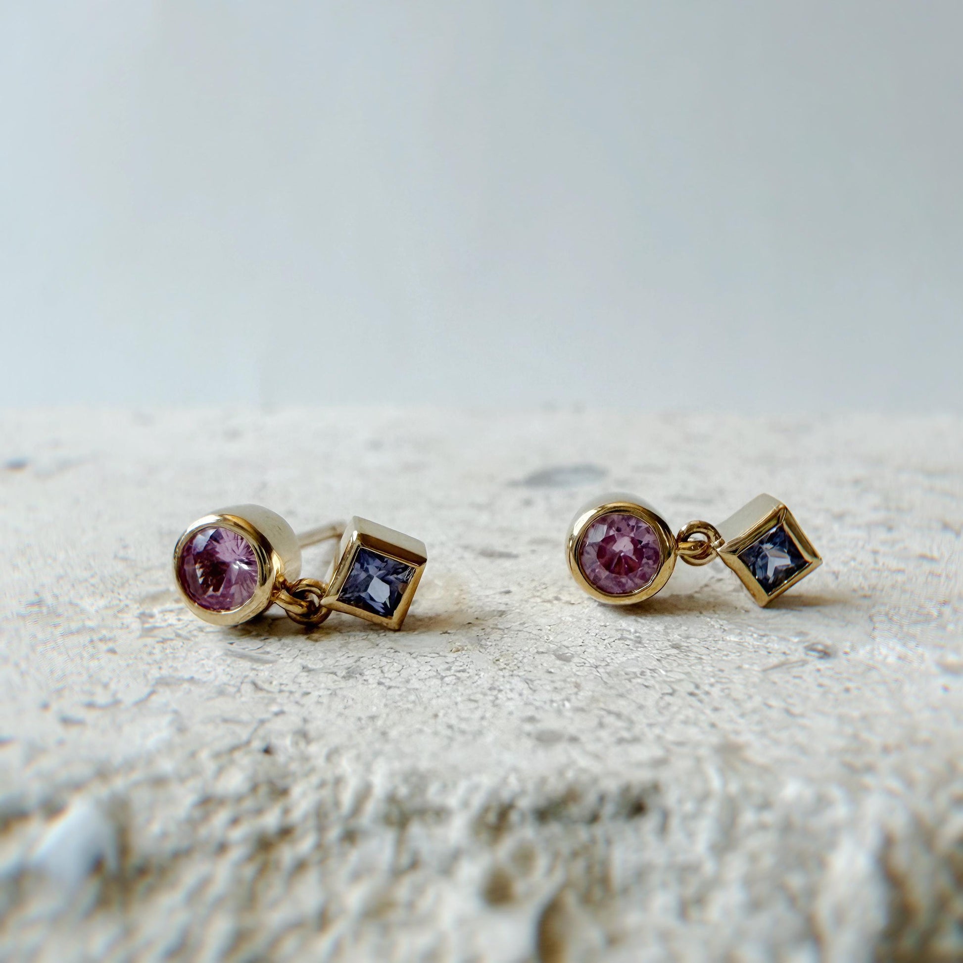 14K Solid Gold Genuine Pink & Lavender Sapphire Bezel Dangle Earrings