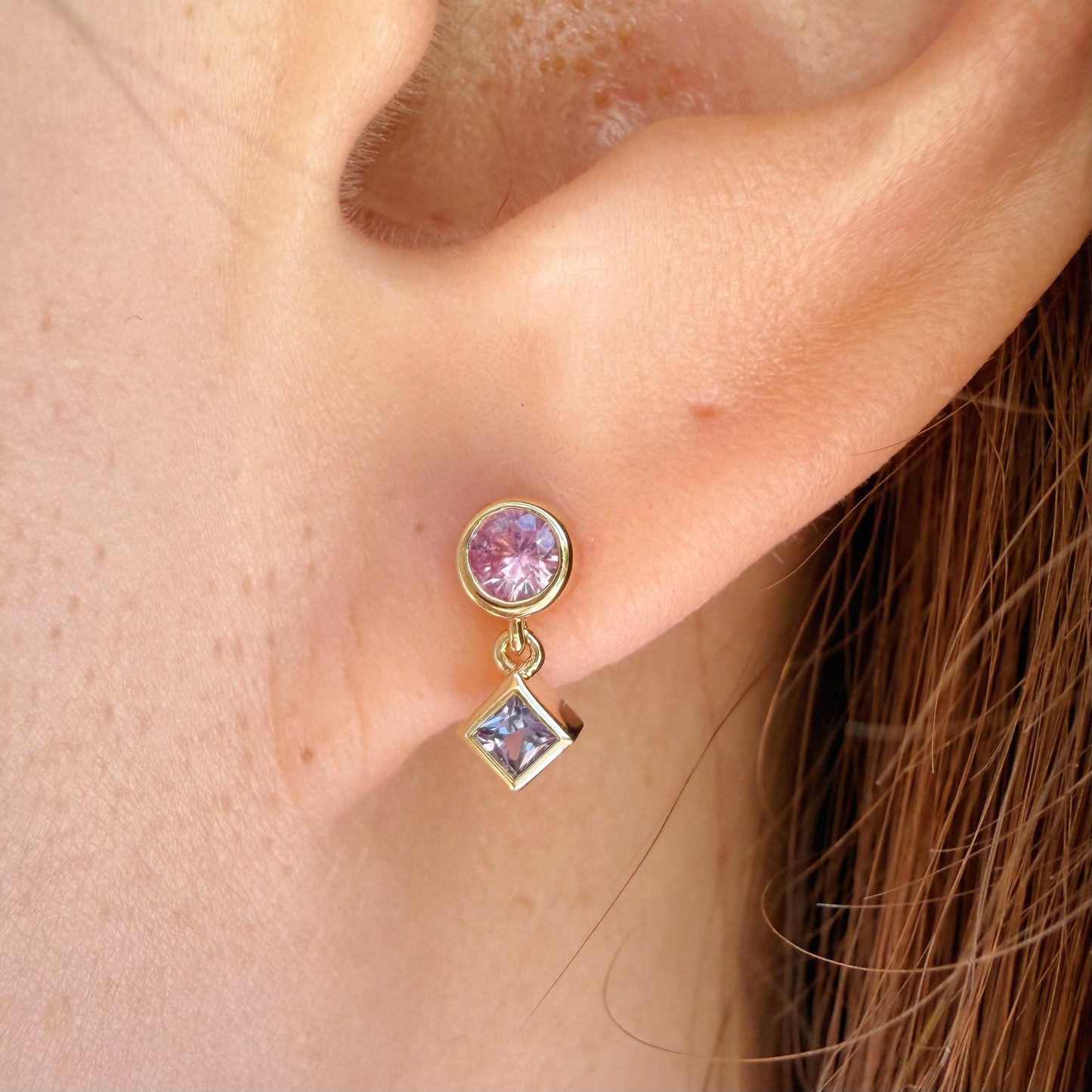 14K Solid Gold Genuine Pink & Lavender Sapphire Bezel Dangle Earrings