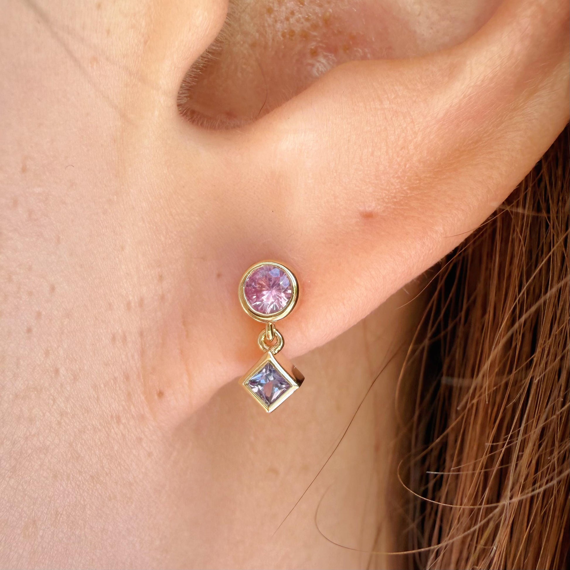 14K Solid Gold Genuine Pink & Lavender Sapphire Bezel Dangle Earrings