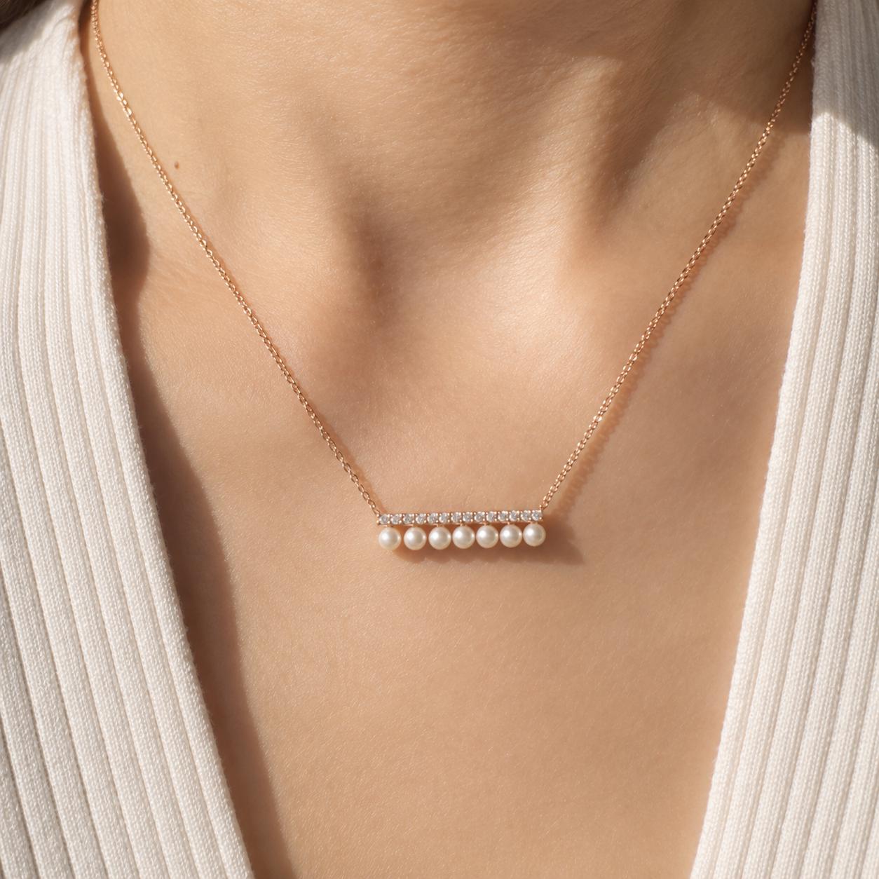 18K Rose Gold Akoya Pearl Necklace | Diamond Pearl Bar Necklace | Natural Diamond Jewelry | Gift for Her