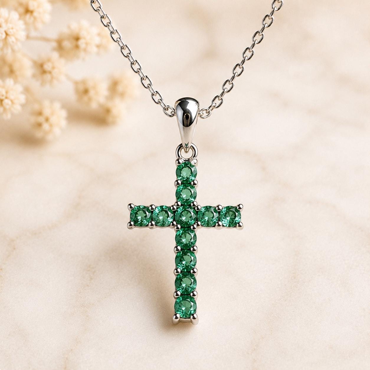 14K Solid Gold Genuine Emerald Cross Pendant (pendant only no chain)