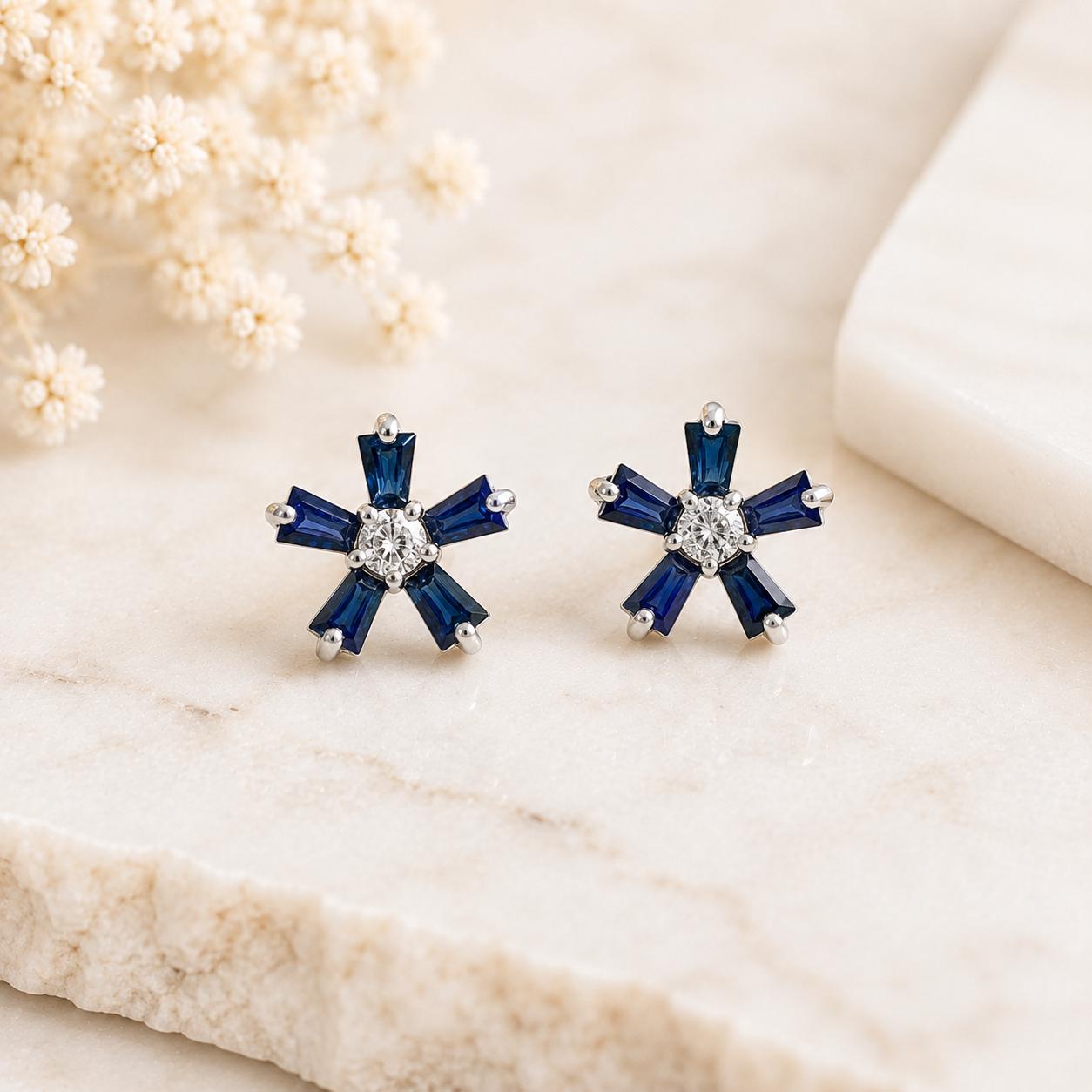 14K Solid Gold Natural Sapphire Flower Earrings | Genuine Earth Mined Sapphire Floral Earrings | September Birthstone Gift