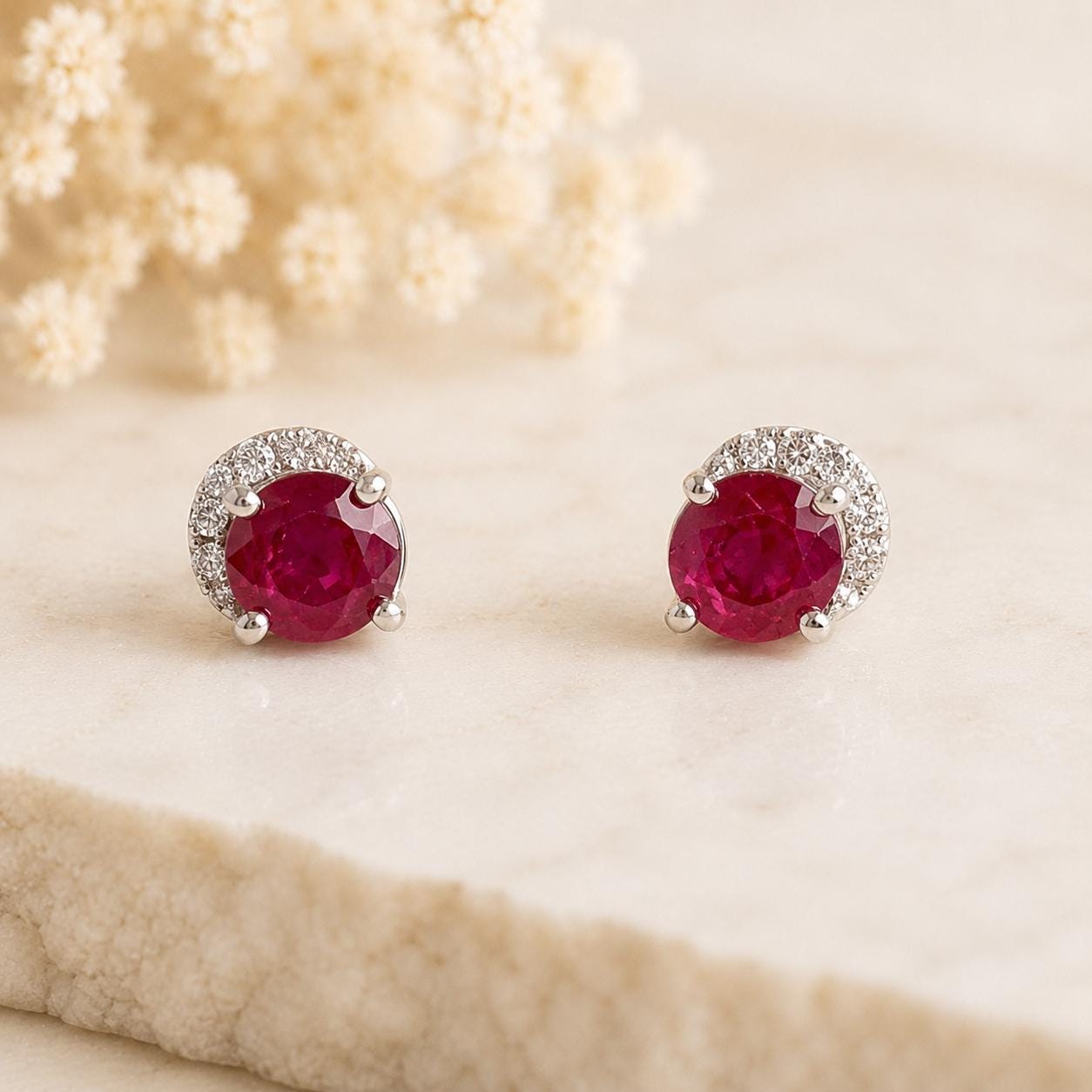 14K Solid Gold Genuine Ruby and Diamond Curve Studs/Pair