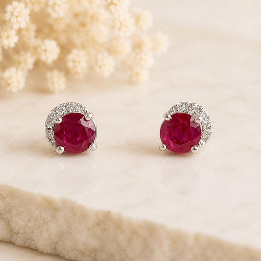 14K Solid Gold Genuine Ruby and Diamond Curve Studs/Pair