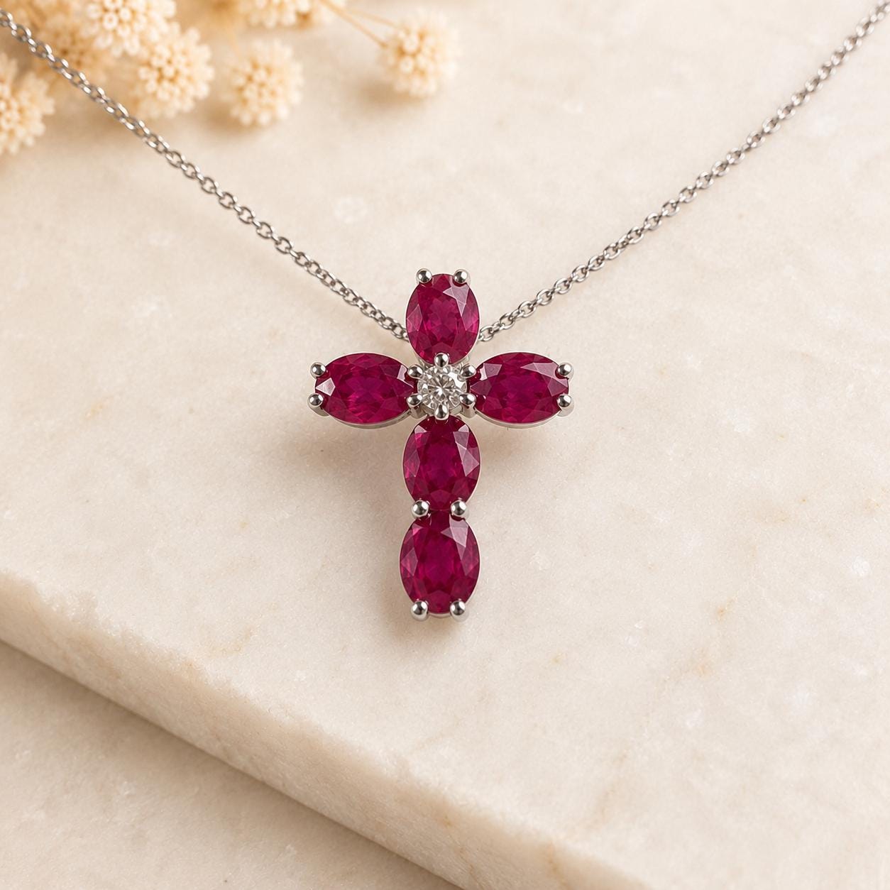 18K Solid White Gold Genuine Ruby and Diamond Cross Pendant (Pendant Only)