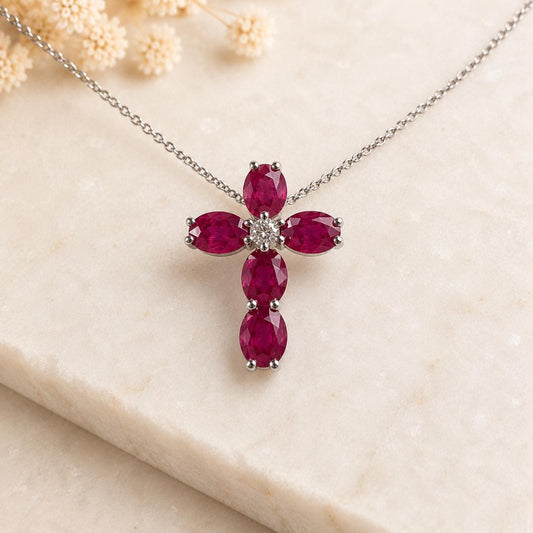18K Solid White Gold Genuine Ruby and Diamond Cross Pendant (Pendant Only)