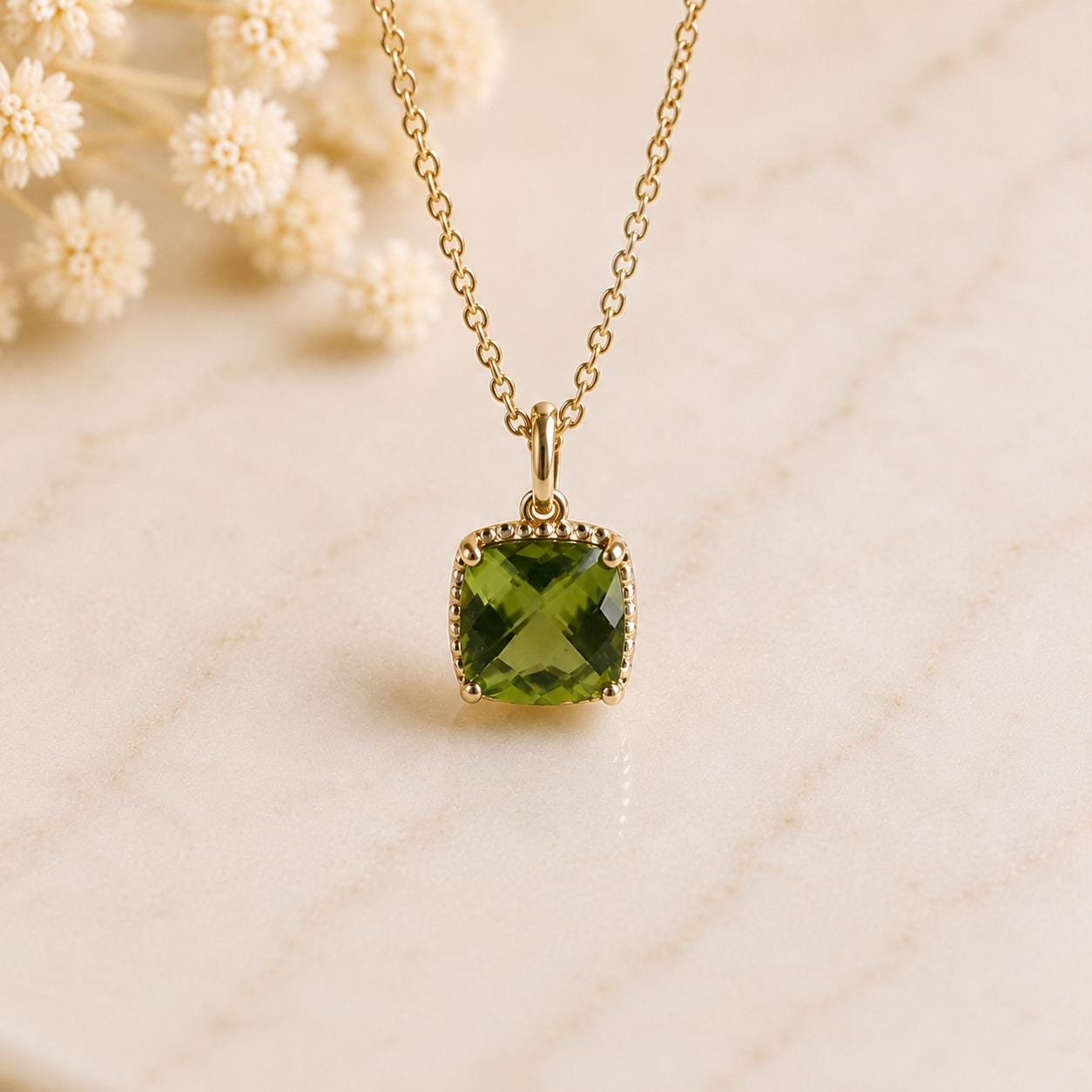 14K Solid Gold Genuine Peridot Square Pendant