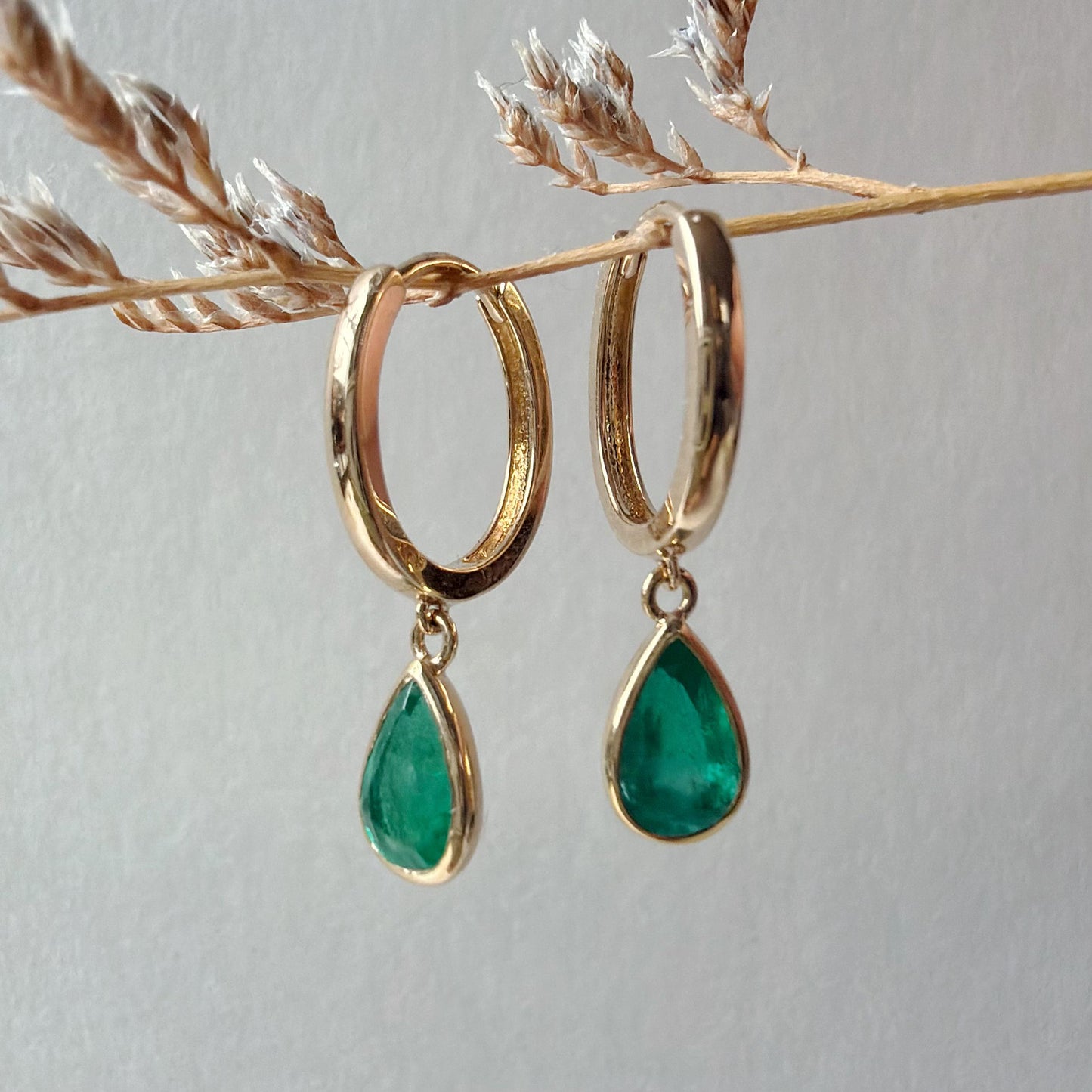 14K Solid Gold 1.28 Carat Zambian Teardrop Emerald Bezel Dangle Hoops
